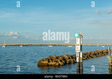 A pelican sits on a sign at the beach in Florida -Manasota Key, West Coast, Punta Gorda Stock Photo