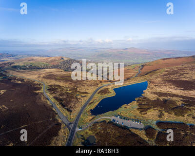 Aerial view of Blue pond Brecon Beacons. Keepers Pond, The Blorenge, Abergavenny, Wales, United Kingdom Stock Photo