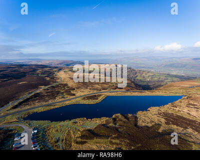 Aerial view of Blue pond Brecon Beacons. Keepers Pond, The Blorenge, Abergavenny, Wales, United Kingdom Stock Photo