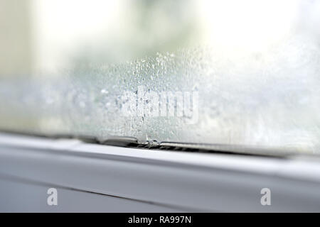 Frozen window frame condensation inside, close up. Ice builtup on