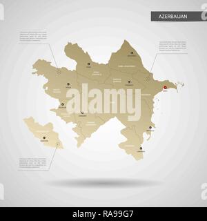 Stylized vector Azerbaijan map.  Infographic 3d gold map illustration with cities, borders, capital, administrative divisions and pointer marks, shado Stock Vector