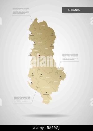 Stylized vector Albania map.  Infographic 3d gold map illustration with cities, borders, capital, administrative divisions and pointer marks, shadow;  Stock Vector