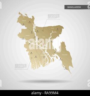 Stylized vector Bangladesh map.  Infographic 3d gold map illustration with cities, borders, capital, administrative divisions and pointer marks, shado Stock Vector