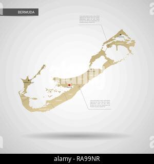 Stylized vector Bermuda map.  Infographic 3d gold map illustration with cities, borders, capital, administrative divisions and pointer marks, shadow;  Stock Vector