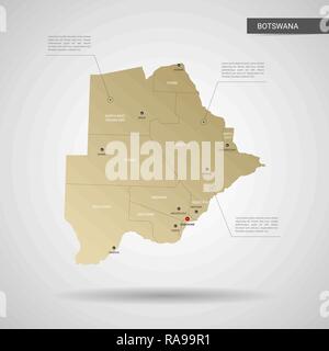 Stylized vector Botswana map.  Infographic 3d gold map illustration with cities, borders, capital, administrative divisions and pointer marks, shadow; Stock Vector