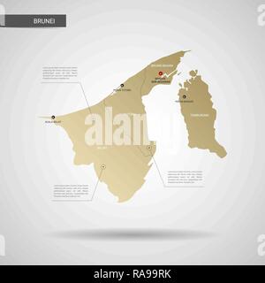 Stylized vector Brunei map.  Infographic 3d gold map illustration with cities, borders, capital, administrative divisions and pointer marks, shadow; g Stock Vector