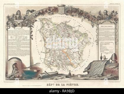 1852, Levasseur Map of the Department De La Nievre, France, Burgundy or Bourgogne Wine Region. Reimagined Stock Photo