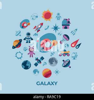 Digital vector space galaxy and universe icons set, flat style infographics Stock Vector