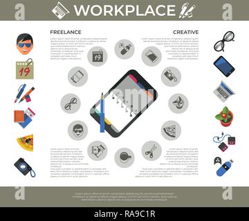 Digital vector freelance creative workplace icons set, flat style infographics Stock Vector