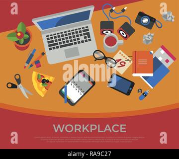 Digital vector freelance creative workplace icons set, flat style infographics Stock Vector