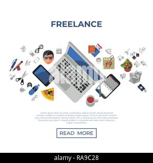 Digital vector freelance creative workplace icons set, flat style infographics Stock Vector