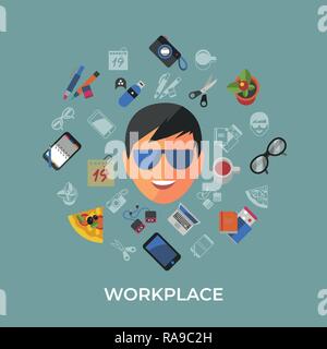 Digital vector freelance creative workplace icons set, flat style infographics Stock Vector