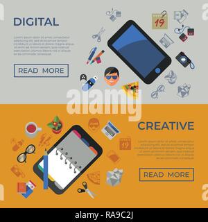 Digital vector freelance creative workplace icons set, flat style infographics Stock Vector