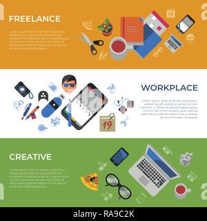 Digital vector freelance creative workplace icons set, flat style infographics Stock Vector