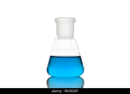 Erlenmeyer flask with blue liquid on white background Stock Photo