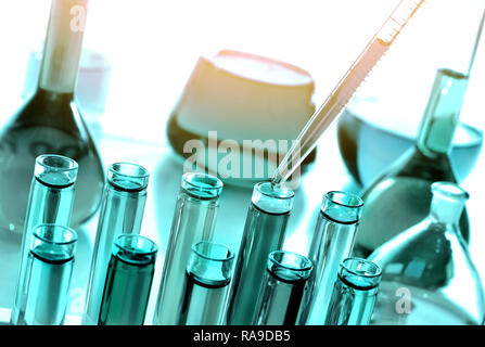 Laboratoy glassware with chemicals and reagents, chemistry science Stock Photo