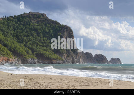 Beautiful bay of Cleopatra beach in Alanya Turkey , windy day, big waves on the sea Stock Photo