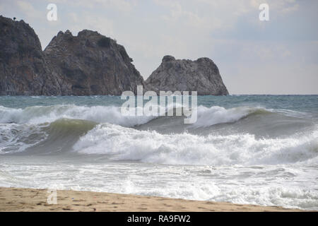 Beautiful bay of Cleopatra beach in Alanya Turkey , windy day, big waves on the sea Stock Photo