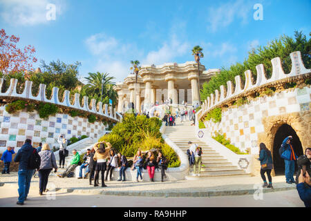BARCELONA - DECEMBER 12: Overview of the park Guell entrance stairway on December 12, 2018 in Barcelona, Spain. Stock Photo