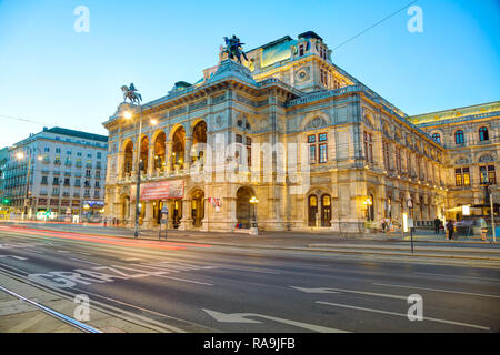 VIENNA - AUGUST 30: Vienna State Opera at night on August 30, 2017 in Vienna. It's an opera house – and opera company – with a history dating back to  Stock Photo