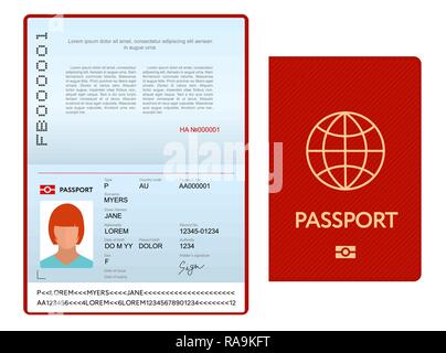 Opened international passport template with red cover Stock Vector