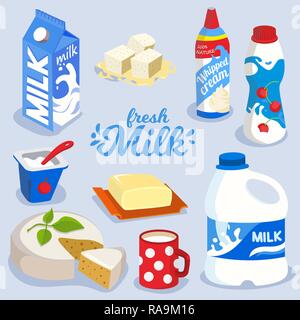 Set of milk products, dairy produce in colorful package icon Stock Vector