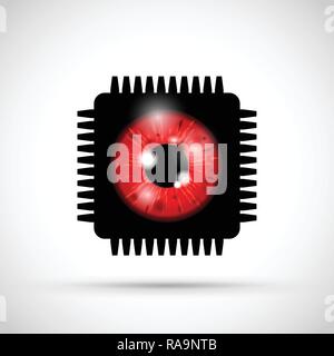 red realistic eyeball on a microchip Stock Vector