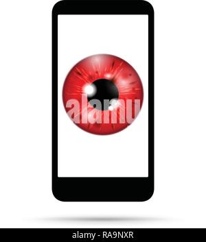 red realistic eyeball on a cell mobile phone Stock Vector