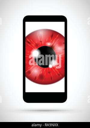 red realistic eyeball on a cell mobile phone Stock Vector