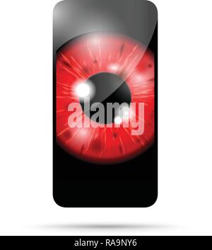 red realistic eyeball on a cell mobile phone Stock Vector