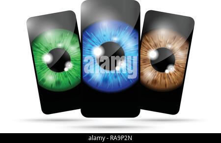 realistic eyeball on a cell mobile phone set Stock Vector
