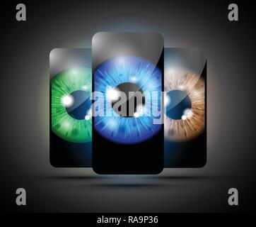 realistic eyeball on a cell mobile phone set Stock Vector
