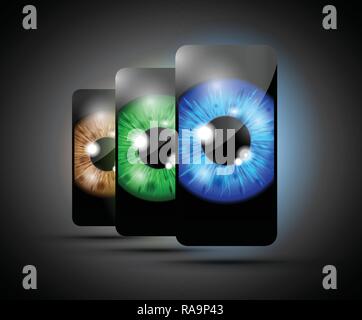 realistic eyeball on a cell mobile phone set Stock Vector