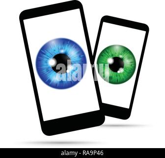 realistic eyeball on a cell mobile phone set Stock Vector