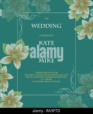 Wedding white invitation or greeting card with flowers. Hand drawing. Vector illustration eps 10 Stock Vector