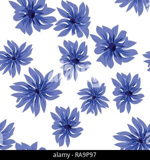 Seamless floral pattern. Stylized cornflowers and meadow grasses on dark blue. Hand drawn vector illustration eps 10 Stock Vector
