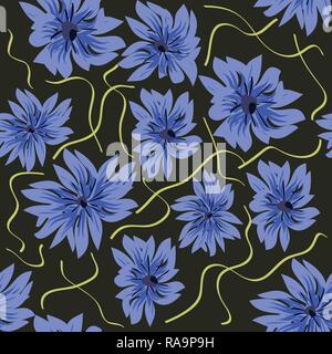 Seamless floral pattern. Stylized cornflowers and meadow grasses on dark blue. Hand drawn vector illustration eps 10 Stock Vector