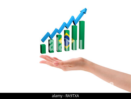 hand graph in bars with arrow indicating economic growth of Brazil. white background. 3D illustration Stock Photo