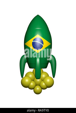 rocket with flag of Brazil indicating economic growth of the country. White background. 3D illustration Stock Photo