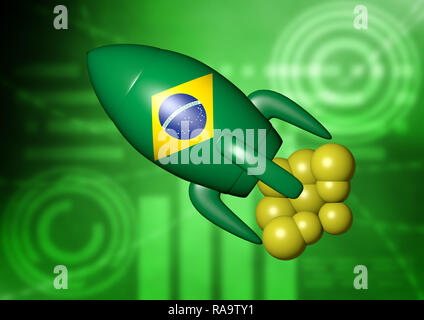 rocket with flag of Brazil indicating economic growth of the country. New Brazilian government. 3D illustration Stock Photo