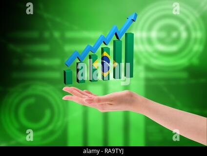 hand graph in bars with arrow indicating economic growth of Brazil. New Brazilian government. 3D illustration Stock Photo