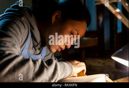 female craftsman violin maker working on a new violin in the workshop Stock Photo