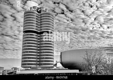 MUNICH - GERMANYOCTOBER 31: BMW building museum on June 31, 2014, Munich, Germany. The BMW Museum is located near the Olympiapark in Munich and was es Stock Photo