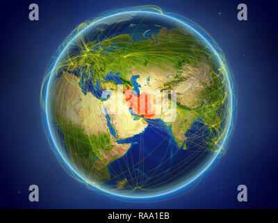 Iran from space on planet Earth with digital network representing international communication, technology and travel. 3D illustration. Elements of thi Stock Photo