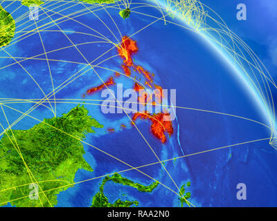 Philippines from space on model of green planet Earth with network ...
