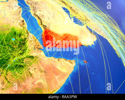 Yemen from space on model of planet Earth with network. Concept of digital technology, connectivity and travel. 3D illustration. Elements of this imag Stock Photo