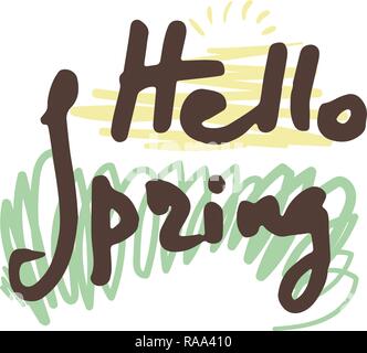 Hello Spring. Hand sketched logo, badge typography icon. Lettering spring season for greeting card, invitation symbol. Retro, vintage lettering banner Stock Vector