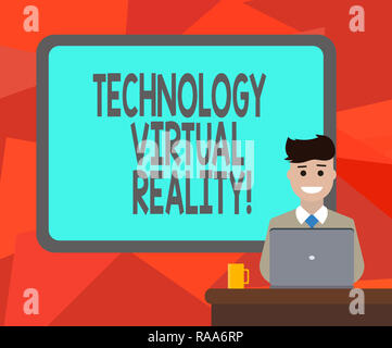 Word writing text Technology Virtual Reality. Business concept for interactive computergenerated experience Blank Bordered Board behind Man Sitting Sm Stock Photo