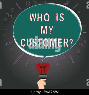 Writing note showing Who Is My Customer. Business photo showcasing Know your clients get information of what they want Oval Speech Bubble Above a Brok Stock Photo