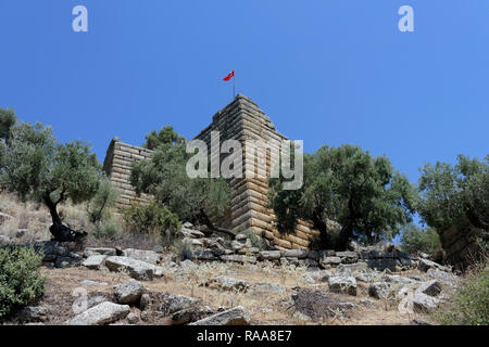 Section of the retaining wall of the Hellenistic theatre situated in the hillside overlooking the ancient city of Alinda, Caria, Anatolia, Turkey. Dat Stock Photo